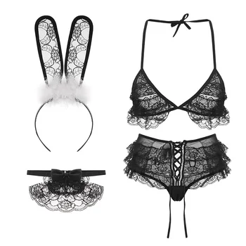 Erotic Îmbrăcăminte pentru Femei Bunny Fata Cosplay Alb Set de Sutien Transparent Uniformă Tentația Porno Roleplay Dantela Iepure Drăguț Costume