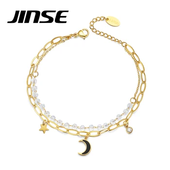 JINSE de Aur Nou Link-ul Lanț Brățară din Oțel Inoxidabil Femei Moda Bijuterii Rotund Lună și Stele, Farmec Margele Brățară Bracciali Cadou