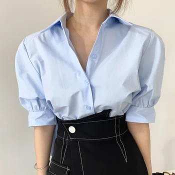 2021 Vara Noi coreeană de Moda pentru Femei Spatele Proiectare Plisate Scurt Bluza de Culoare Solidă Rever Single-breasted Casual cu Maneci