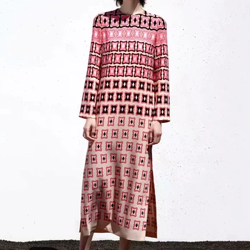 ZA 2021 femei Primavara O Neck Side split Imprimate Rochii lungi de Moda Squiggle Vestidos maneca lunga Rochie Midi stil etnic halat