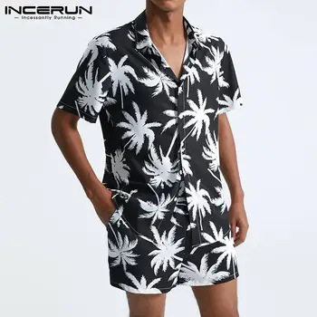 INCERUN Bărbați Seturi de Imprimare Vara Streetwear Tricou Maneci Scurte pantaloni Scurți de Plajă 2021 Vacanta Casual Barbati Hawaiian Costume 2 Piese 5XL