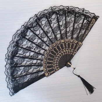 Doamnelor Dantela Ventilator de Mână Negru Pânză Albă Pliere Fanii spanioli Victorian Ventilator de Mână pentru Petrecerea de Nunta Favoarea Cadou de Dans Fan Ornament