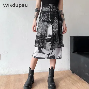 Midi Fuste Lungi Pentru Femei, Fusta Cu Talie Inalta Lolita Goth Primavara-Vara Vintage Dantela De Bumbac De Moda Harajuku Negru Streetwear Fuste