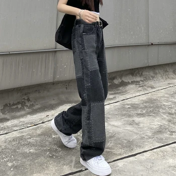 Femei aflate în Dificultate Patch Blugi pentru 2021 Moda Gotic Haine Adolescente Japoneze Stilul Streetwear Largi Largi Picior Pantaloni Denim
