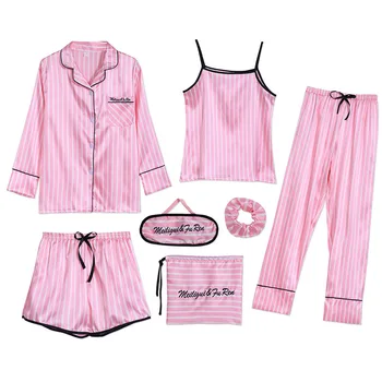 Curea Pijamale Pijamale Femei de 7 Piese Roz Seturi de Pijamale de Satin de Mătase Lenjerie Homewear Pijamale Pijama Set Pijamas Pentru Femeie