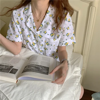 Print floral pijamale 2 piese set pentru femei costum pijama maneca scurta bluza pantaloni scurți homewear vara pijamale pijamale drăguț Y489
