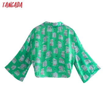 Tangada Femei Retro Verde Imprimare Șifon Cămașă Arcul de Cultură Bluza cu Maneci Lungi Chic Feminin Topuri 5Z156