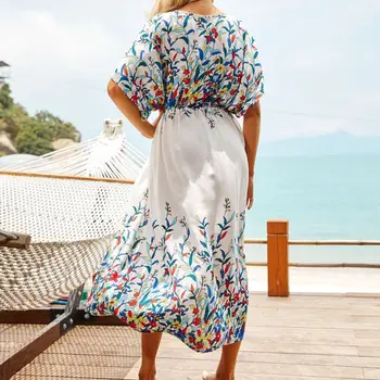 2020 Femei Maneci Scurte Maxi Lung Bikini Acoperi Print Floral Plaja Kimono Cardigan Față Deschise De Protecție Solară Rochie De Plaja