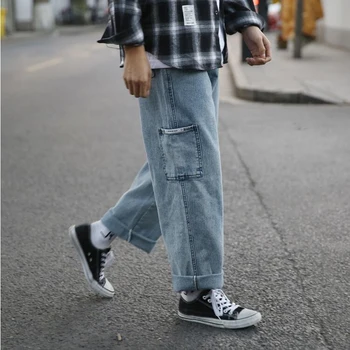 Primăvara Și Toamna coreean Vrac Buzunar Largi Picior Pantaloni pentru Bărbați Jeans pentru Bărbați Student Pantaloni Drepte Trend