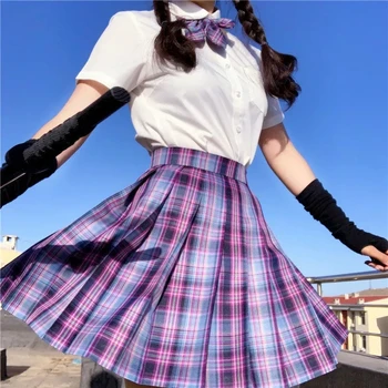 Harajuku y2k Kawaii Femei Violet Gotic Plisata Fusta Carouri 2021 Vara JK Cosplay Stil de Talie Mare Fete Sexy Dans Fuste Mini