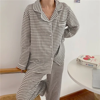 Femei din Bumbac Pijama Set Pantaloni Lungi Carouri Acasă Set Primavara LoosePockets Pijamale Femei, PIJAMALE pijamale Grila Body L188