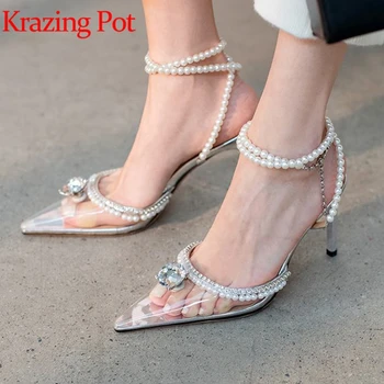 Krazing Oală piele naturala stiletto extrem tocuri ascuțite toe printesa pantofi de cristal plus size diamond pearl sandale l29