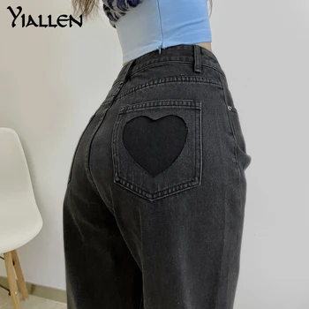 Yiallen Femei Chic in Forma de Inima Y2K Talie Mare Gradient de Blugi Largi Harajuku Direct Pantaloni Vintage Denim Pantaloni Streetwear