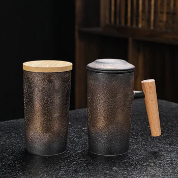 Retro Ceramice Ceașcă de Ceai Ceașcă de Cafea Mâner de Lemn, cu Mâner de Bambus Capac Capacitate Mare de Ceai și Apă, Separarea Rapidă-pass Cana