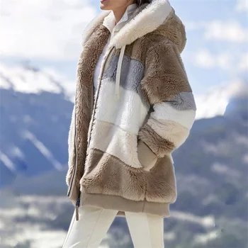 Moda de iarnă pentru Femei Haina cu Maneci Lungi de Pluș Cald Sacou Feminin Casual, Guler de Turn-Down Mozaic Fermoar Doamna Paltoane cu Gluga