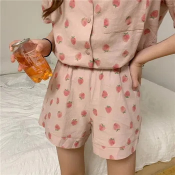 Pijama Seturi Pentru Femei De Vară Simplu Minunat De Capsuni Imprimate 2021 Liber Casual Femei Pijamale Moi Prietenii Fată De Moda Îmbrăcăminte De Noapte