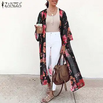 ZANZEA Vara Boem Florale Imprimate Plaja Cardigan Kimono pentru Femei Vintage Deschis Fata Maneca Lunga Bluza Casual Topuri Lungi Tricou