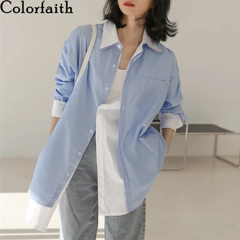 Colorfaith Noi 2021 Vara Autunm Bluza Femei Tricou cu Dungi Fals Două Piese Vintage Mozaic Supradimensionat Doamna Sălbatice Topuri BL8972