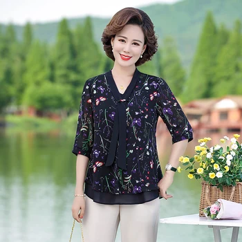 Moda Elegant de Camasa femeii de vârstă Mijlocie Mama Tricouri de Vară V-neck Bandaj de Imprimare Șifon Cămașă Bluză Plus dimensiune 5XL
