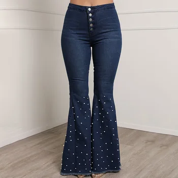 Flare jeans Stretch Sexy Largi Picior Femei Vintage Largi, Blugi cu Talia Inalta Femeie Albastră, Pantaloni de Moda Inaltime Iubit Denim 2021