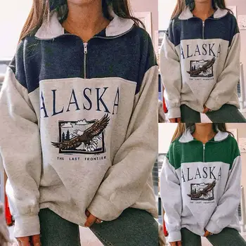 Femei Bumbac Stand Guler Fermoar Jumătate Alaska Scrisoare de Imprimare Maneca Lunga Bluze Casual Pierde Tricoul Moda Vintage