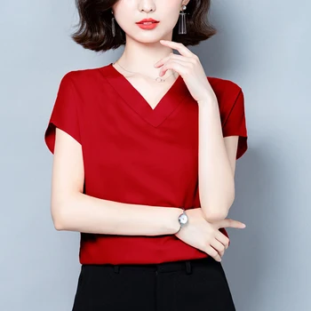 Blusas Maneca Scurta Bluza De Moda Pentru Femei Plus Dimensiune Topuri Culori Solide De Mătase Femeie Tricouri Coreean De Birou Elegant Lady Îmbrăcăminte 10297