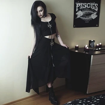 Gotic Întuneric Doamna Fusta Casual Pierde Streetwear Fuste De Vara Cu Ochiuri Neregulate Femei Fuste Pentagrama Cu Fermoar Negru Fuste Punk