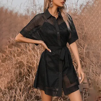 Elegant Negru Plasă de Petrecere Pathwork Tricouri Rochie 2021 Moda de Vara Femei Casual Balck Buton-Up Transforma în jos O Linie de Rochii Mini