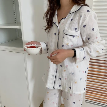 CBAFU crep de bumbac acasă pentru femei costum de pijama set primavara toamna pijamale cu maneca lunga inima de imprimare bluza pantaloni de pijama pantaloni M605
