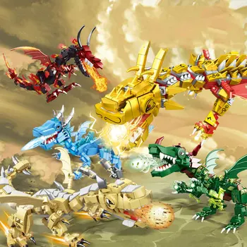 5 Culori Tradiționale Chineze Animale Ninja de Aur Lemn de Foc de Apă și Sol Dragon Blocuri Jucarii Educative Pentru Copii