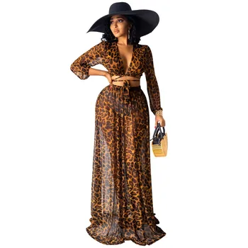 Sifon Acoperi Până Rochie Maxi Femei 2 Bucata Set Topuri Si Fuste Lungi De Vara Moda Elegant Uzură Plajă Leopard Acoperi Costum Fusta