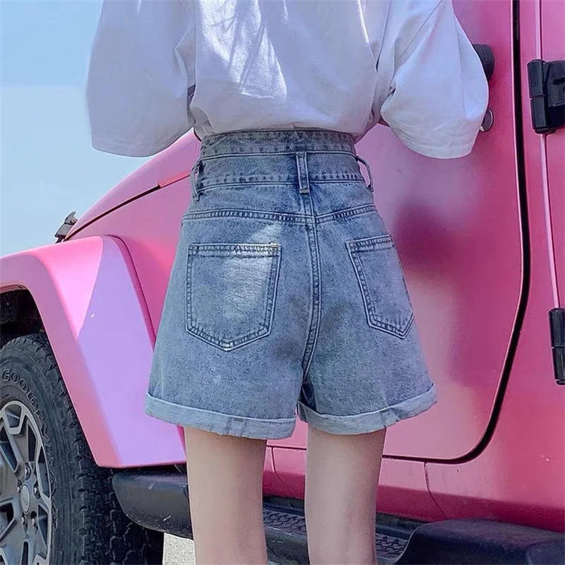 Femei de moda a lui Demin pantaloni Scurți Casual Femme Vara Largi Picior Laminate-Up Pantaloni Talie Mare Pantaloni coreean Blugi pentru Fete 2021