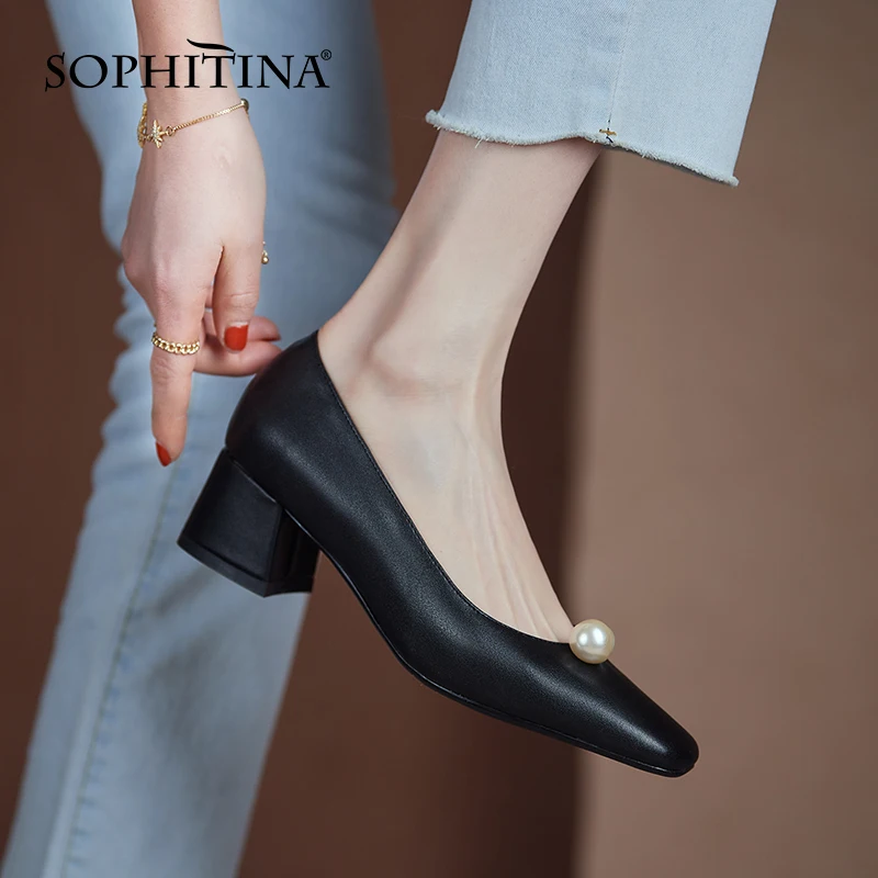 SOPHITINA Femei Pantofi Concis Perla Superficial Premium din Piele Pantofi TPR Deget de la picior Pătrat Plus Dimensiune 33-43 de Agrement, Birou Doamnă Pompe DO188