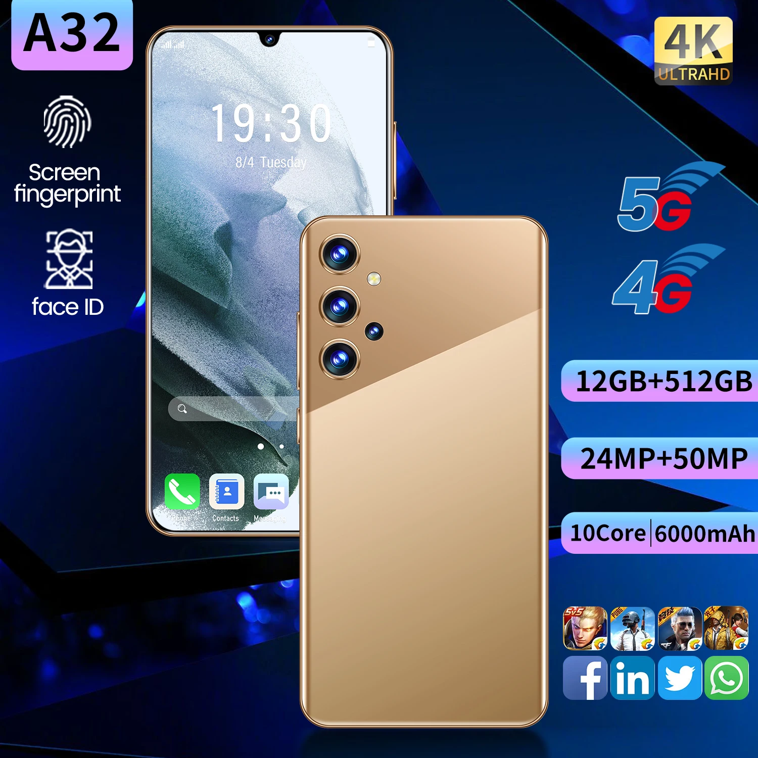 Versiune globală 2021 A32 6.7 Inch Ecran Complet 128/256GB 6000mAh 5G Smartphone-uri 24+50MP Amprenta Față de a Debloca Telefonul Mobil
