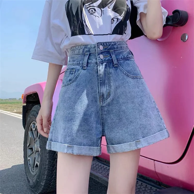 Femei de moda a lui Demin pantaloni Scurți Casual Femme Vara Largi Picior Laminate-Up Pantaloni Talie Mare Pantaloni coreean Blugi pentru Fete 2021