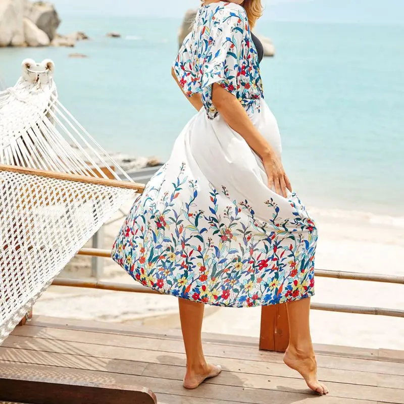 2020 Femei Maneci Scurte Maxi Lung Bikini Acoperi Print Floral Plaja Kimono Cardigan Față Deschise De Protecție Solară Rochie De Plaja
