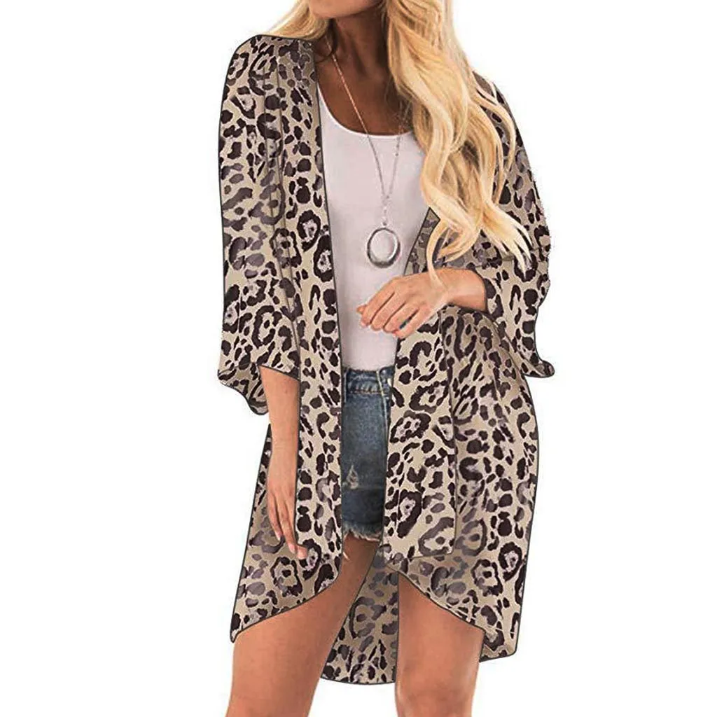 Femei Leopard de Imprimare Acoperă Casual, Costum de Baie Acoperă-Up Bluza Bluze Chimono Bikini Cardigan Scurte Acoperi combinezon homme pareo#30